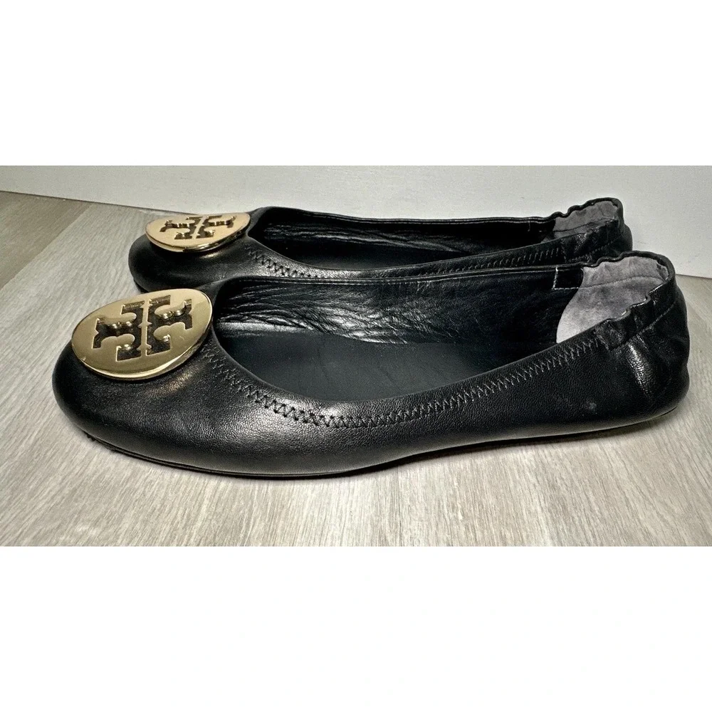 Tory‎ Burch Black Leather Ballet Flats Gold Logo Women Size 8.5